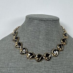 Vintage Black Enamel Gold Tone Heart Link Statement Choker 17"
